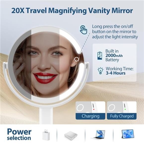 Lighted Makeup Mirror, Type-C Rechargeable 20X Magnifying Mirror - Picture 10 of 14
